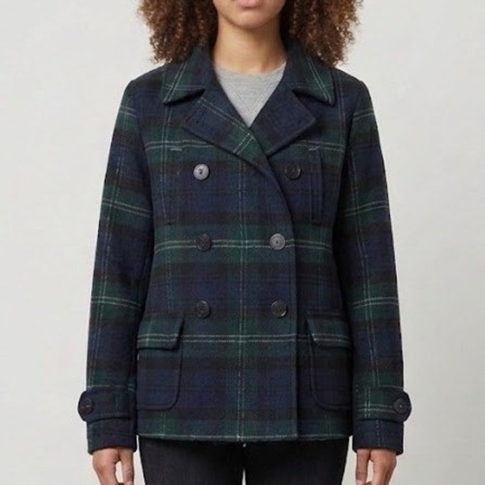 Vintage American Eagle Black Watch Plaid Wool Blend Pea Coat Navy Green Large
